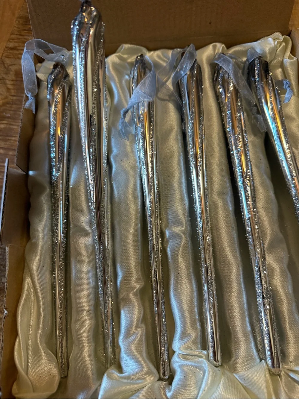 6 Boxed Silver Glass Icicle Vintage Frontgate Holiday Collection Ornaments